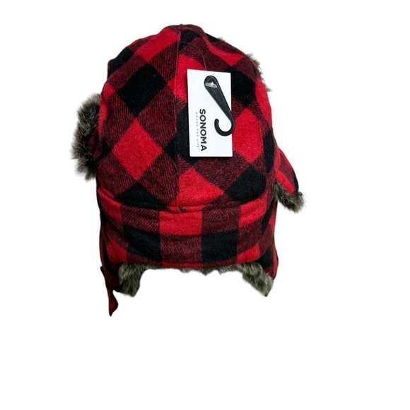 Sonoma Buffalo Plaid Trapper Hat Red Black Faux Fur Ear Flaps OS - Picture 2 of 7